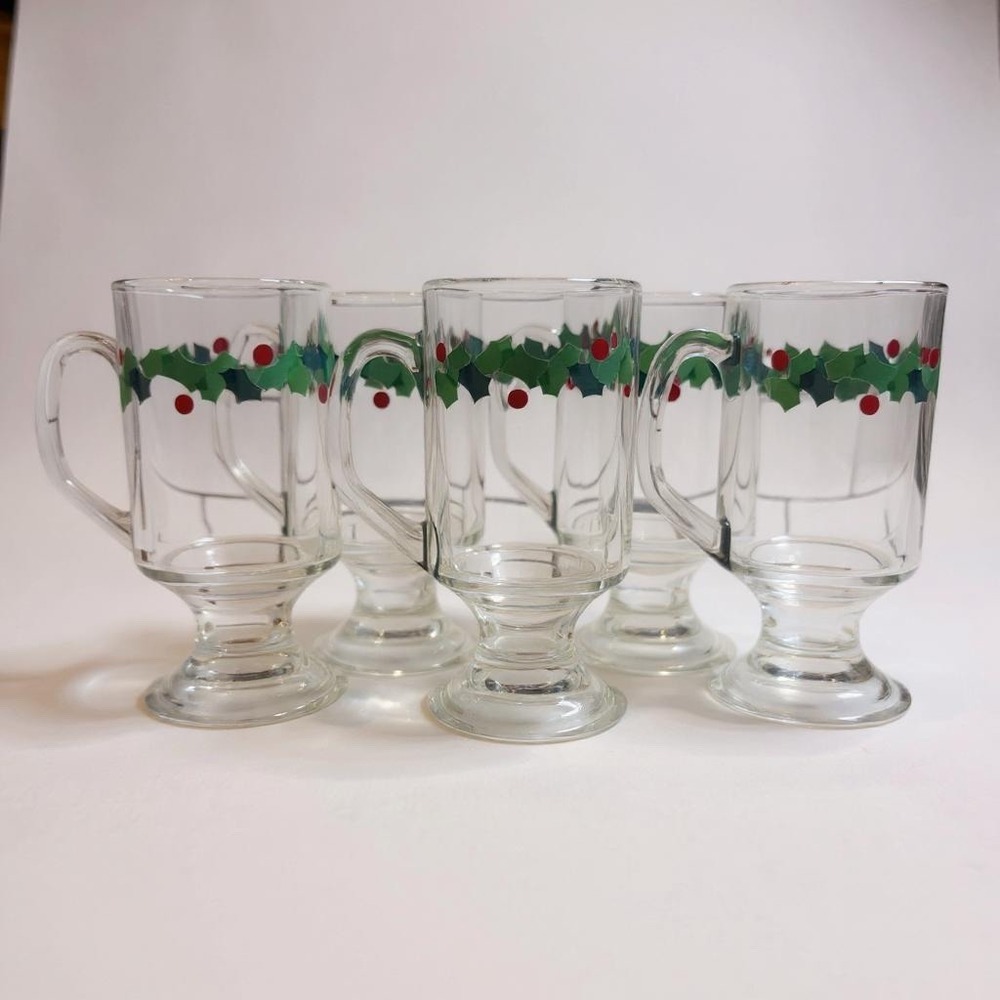 Vintage Libbey Holiday Irish Coffee Mugs Set of 6 Holly Berry Christmas‎ Glass